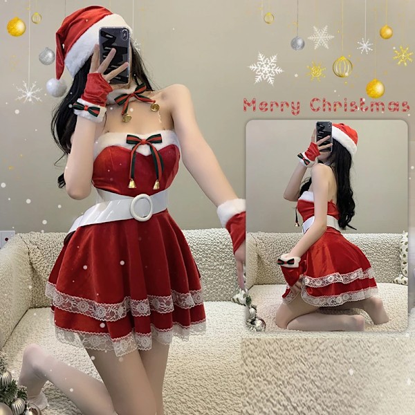 AniLV Jultomten Snöflinga Halterneck Rygglös Klänning Uniform Varm Plysch Kläder Kostymer Cosplay M H