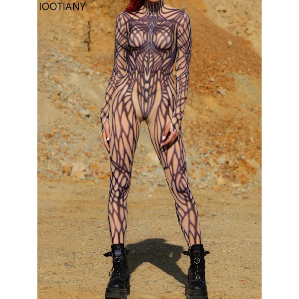 Kvinnor Röd Phantom Mesh Jumpsuit Trä Skal Mesh Bodysuit Halloween Zentai Suit Utomhus Äventyr Tema Fest Catsuit Rave Outfit XL 831-D