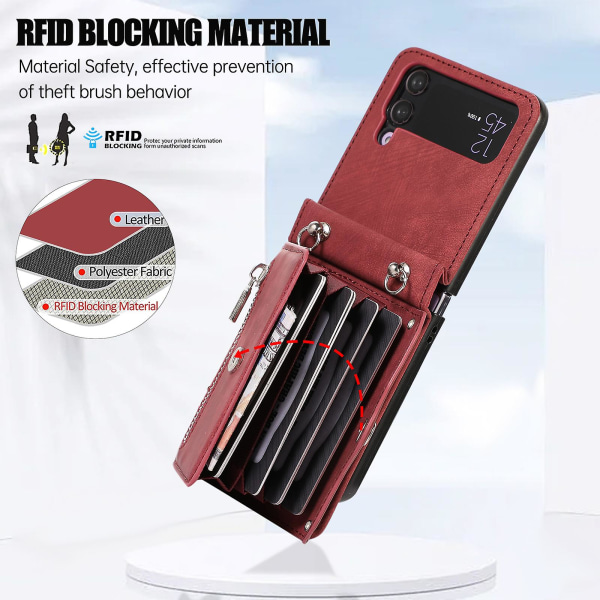 Kickstand phone case för Samsung Galaxy Z Flip4 5g Rfid blockerande kortväska Pu läder+tpu cover Red