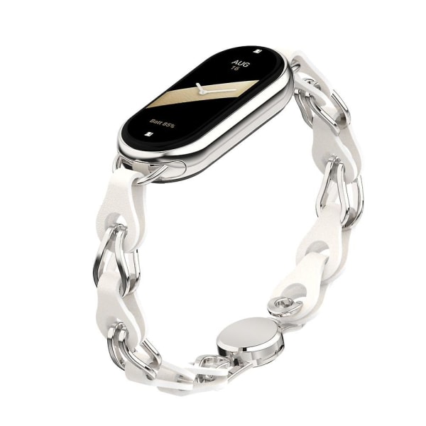 För Xiaomi Smart Band 8 magnetiskt watch äkta koläder+kedjearmband av aluminiumlegering White