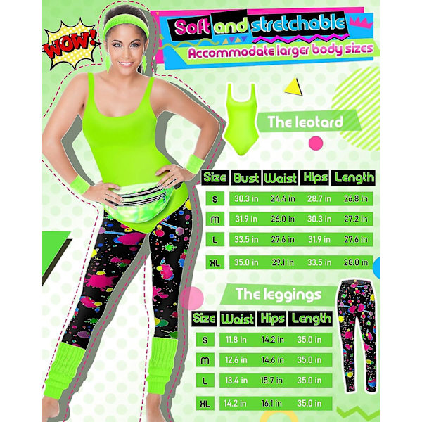 7 st 80-tals träningskostym 80- set 80-tals 90-tals Leotard Legging Pannband Armband Benvärmare Örhängen Fanny Pack Bright Neon XX-Large