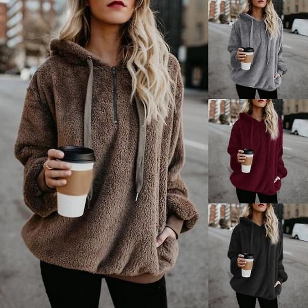 Oversized sherpaströja med luvtröja för damer