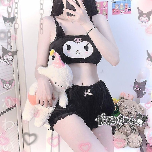 Kawaii Sanrioed Tecknad Höst Och Vinter Kuromi Mymelodi Cinnamoroll Pyjamas Underkläder BH Lilla Djävulen Sexig Hemkläder-n svart S