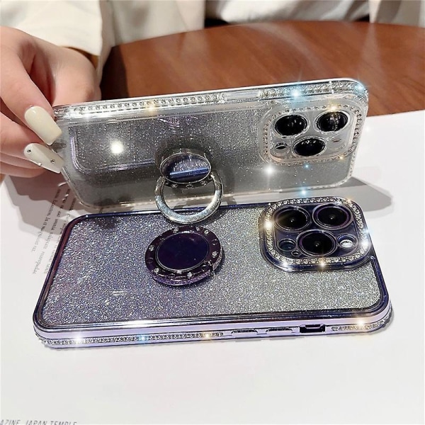 Lyxplätering Glitter Rhinestone Clear Case Kompatibel med Iphone 15 Pro Max, mjuk silikon Stötsäker cover med ringhållare Clear For iPhone 15 Pro Max