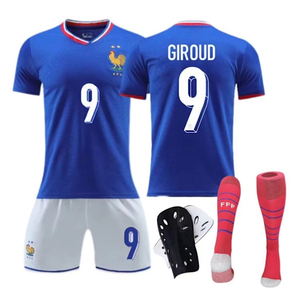 Europeiska cupen franska hemmatröja 2024 barn vuxen set nr 10 Mbappe fotbollströja no.10stockings+protectivegear m