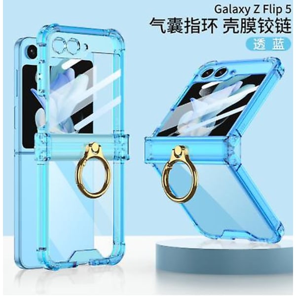 Case kompatibelt Samsung Galaxy Z Flip 5 med ringhållare & gångjärnsskydd & externt skärmskydd Blue