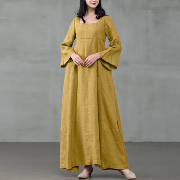 Medeltida klänning Kvinna Kostym Palats Bomull Linne Sommar Viktorian Klänning Cosplay Långa Maxi Klänningar Kaftan Robe Halloween Karneval 5XL yellow