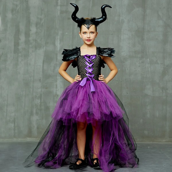 Disney Maleficent Kostym Deluxe Flickor Halloween Karneval Fest Lila Släpande Mesh Klänning Barn Cosplay Demon Drottning Häxa Kläder Acc Set 02 XL(8-9T)