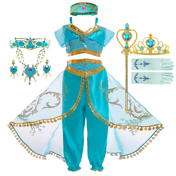 Flickor Jasmine Klänning Aladdin Prinsessa Magisk Lampa Karneval Festkläder Vestidos Halloween Fest Cosplay Klänning Set F 7-8T (Size 140)