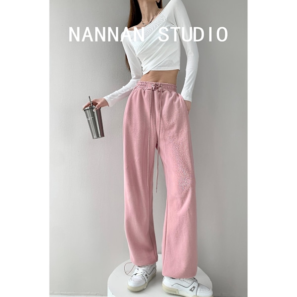 Ung het tjej Rosa Lös hängande sportbyxor Dam vår och sommar Dragsko med hög midja ankelknuten moppbyxor Pink M