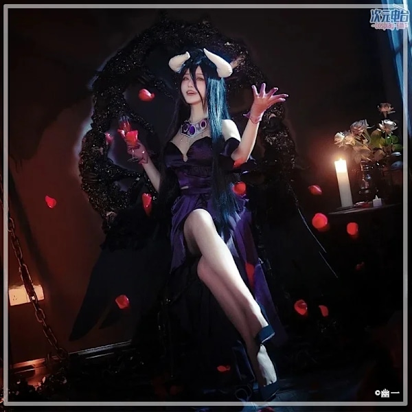 Anime Overlord Säsong 4 Albedo Cosplay Kostym Albedo Kvällsklänning Svart Sexig Klänning Peruk Halloween Uniform Juldräkt XL Full Set
