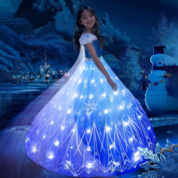 Uporpor Frozen Princess Elsa Led Light Up Klänning För flickor Barn Cosplay Festkläder Snow Queen Carnival Julbalklänning 4pcs and dress no light 130cm