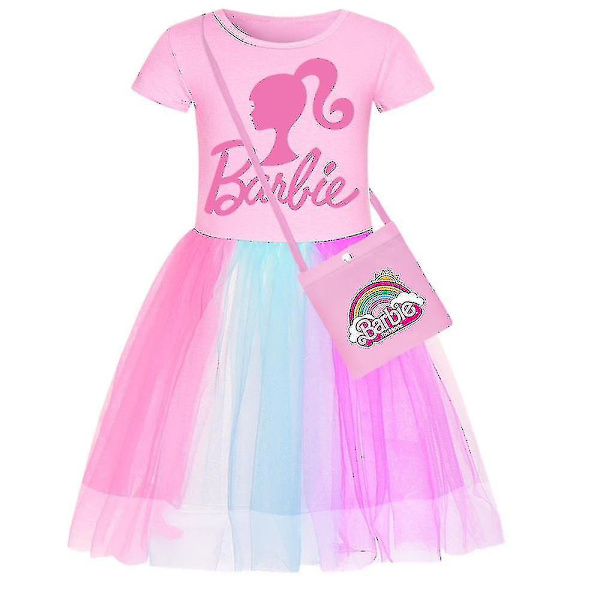 Barbie-rosa Flickklänning Barn Barbie Dress Star Rainbow Lace Kjol och Crossbody Väska Set D 140