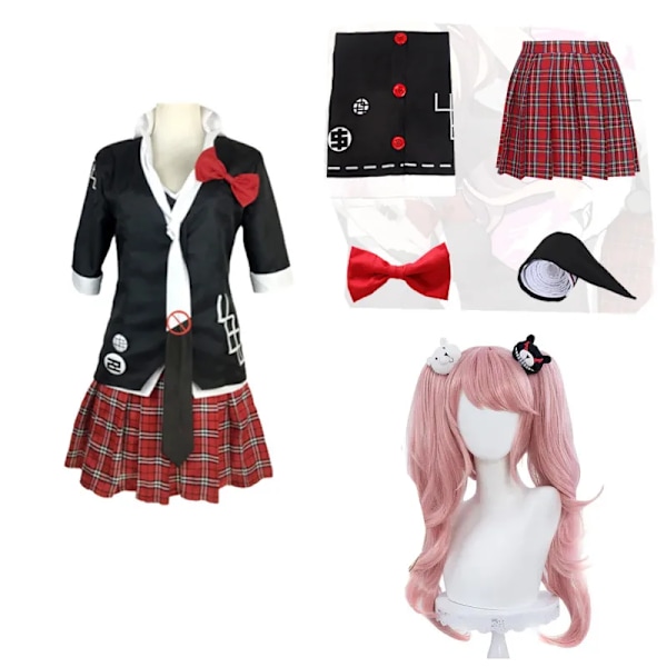 Anime Danganronpa Enoshima Junko Cosplay Kostym Uniform Cafe Arbetskläder Kort Kjol Dubbel Svans Fläta Peruk Halloween Kostym XXL costume wig