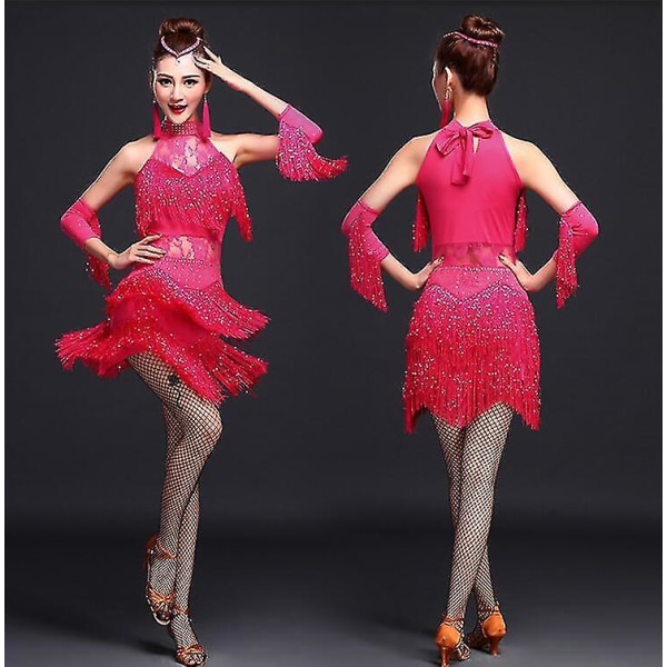 Nya latinska dansdräkter Dam Salsa Danskläder Dansdräkt Klänningar Ballroom Tävlingsklänningar Tango Vuxen Fringe Guld Paljett Blue L