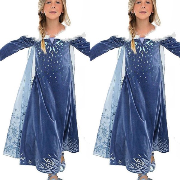 Barn Frozen Queen Elsa Princess Cosplay Kostym Flickor Fuskpälskrage Kappklänning 3-4 Years
