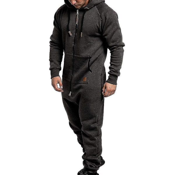 Men Onesie Allt i ett Hoodie Zip Jumpsuit Winter Casual Hooded Romper Playsuit Dark Grey 2XL