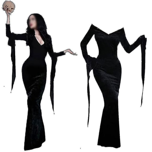 Addams onsdag Morticia Addams kostym Halloween klänning Peruk Vuxna kvinnor Punk gotisk spetsklänning 200cm
