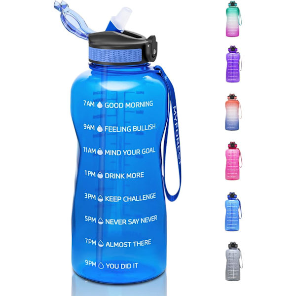 2,2-liters vattenflaska, BPA-fri, 2,2 l, drickflaska med sugrör och tidsmarkeringar, 2 200 ml, gymnastikflaska för sport, cykling, yoga, v BLÅ