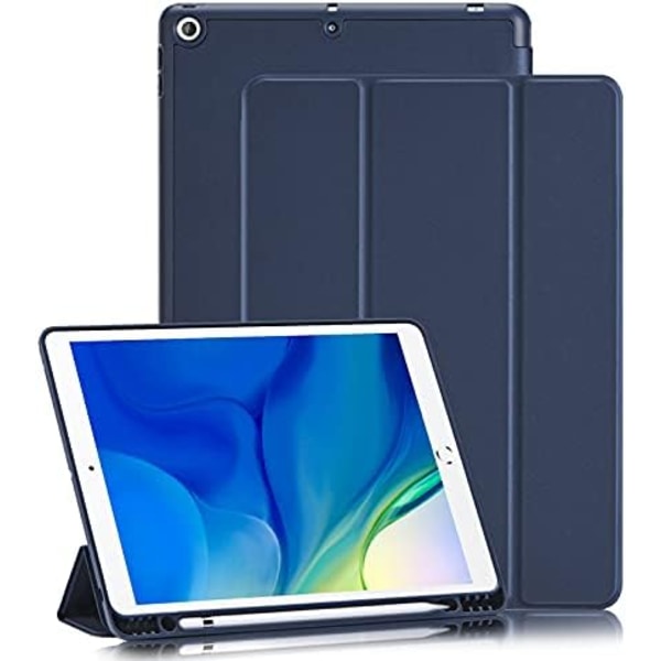 GHINL iPad 9:e/8:e/7:e generationens case (2021/2020/2019) iPad 10,2- case med pennhållare [Sömn/vakna] Smal mjuk TPU baksida Smart Magneti Navy Blue