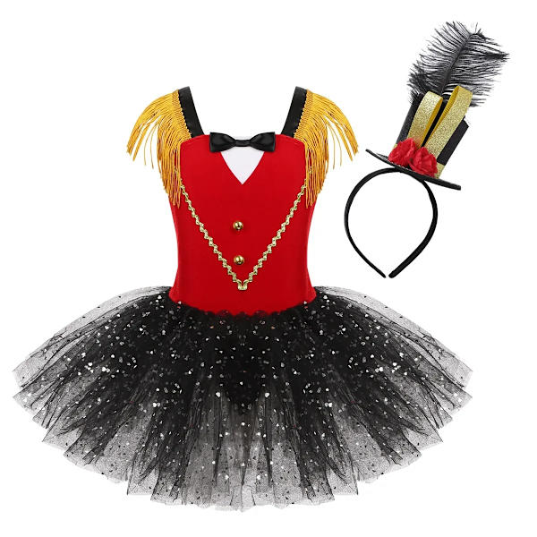 Barnflickor Cirkus Ringmaster Kostym Halloween Cosplay Paljetter Mesh Tulle Tutu Klänning Karneval Fest Scenframträdande Danskläder 4T Red Set