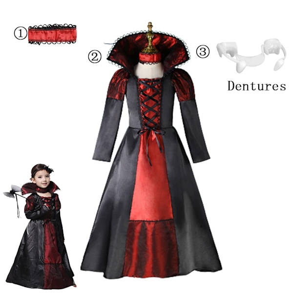 Flickfladdermus Halloween-klänning för barn, spökbrud, gotisk cosplay, vampyrkostym, greve Vampiran, karnevaloutfit, svart röd klädsel Dress Set 4 L (6-7Y)