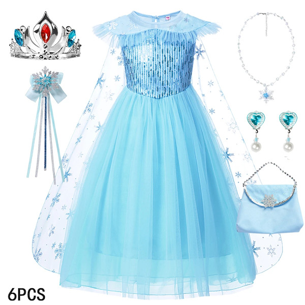 Disney Frozen Elsa Klänning för Flickor Snödrottning Anna Klänning Lyxklänningar Karneval Halloween Flickor Cosplay Kostym Frozen Kostym U Elsa Dress 5-6Y (130)