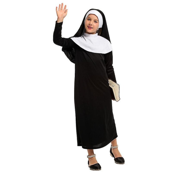 Flickor Kristen Katolsk Religion Missionär Nunna Svart Dräkt Barn Halloween Bokvecka Purim Party Fantasy Klänning Black XL  130-140 CM