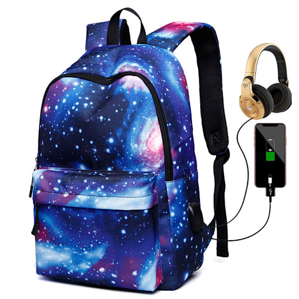 Starry Sky Ryggsäck USB Laddning Student Campus Skolväska