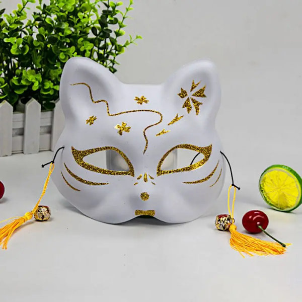 15,5x18cm Handmålad Vit KörsbärsKatt Svart Räv Halloween Japansk Stil Vindmask Guldpulver Festklädsel Mask C