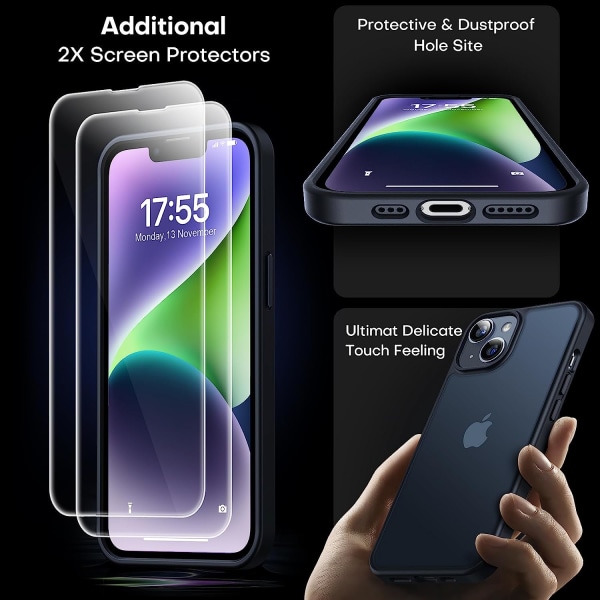 LϟK 3-i-1 för iPhone 13- case/iPhone 14- case, genomskinlig matt baksida med [2X skärmskydd], [falltestad i militärklass] Stötsäker A