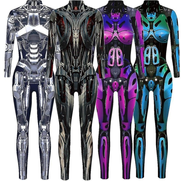 Kvinnor Halloween Punk Robot Cosplay Kostym Fancy Dress Jumpsuit Body Catsuit 14 L