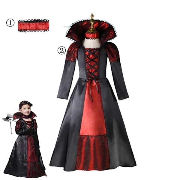 Flickfladdermus Halloween-klänning för barn, spökbrud, gotisk cosplay, vampyrkostym, greve Vampiran, karnevaloutfit, svart röd klädsel Dress Set 20 S (2-3Y)