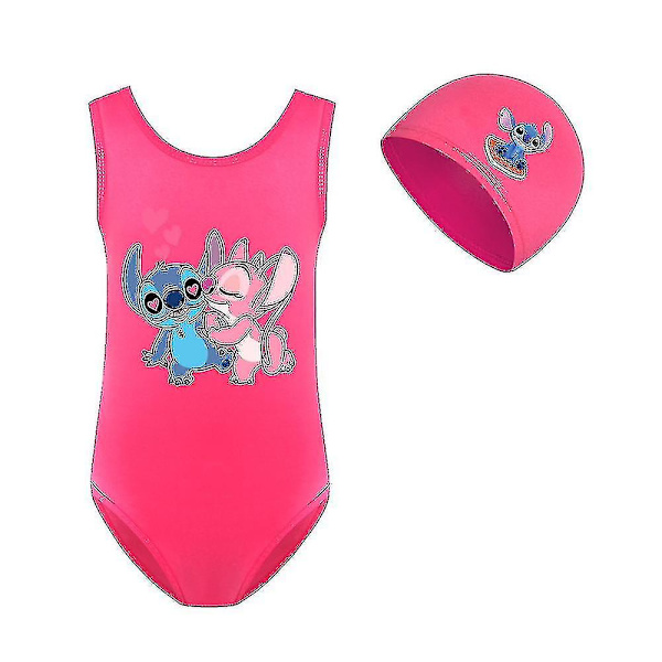 Stitch Flickor Baddräkt Ett stycke Badkläder Mode Lilo Och Stitch Badkläder För Barn Sommar Baddräkter + Cap 140cm rosa
