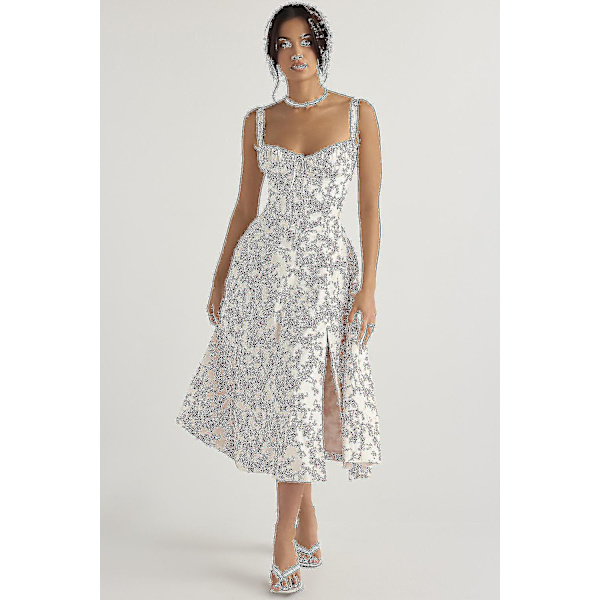 Kvinnor Blommig Boho Midi Bustier Kläder Dam Carmen Print Solklänning Sommar Beach Swing Kläder Grön Blomma Asia 2XL
