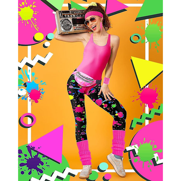 7 st 80-tals träningskostym 80- set 80-tals 90-tals Leotard Legging Pannband Armband Benvärmare Örhängen Fanny Pack Splash Print Small