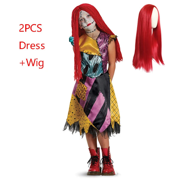 Mardrömmen före jul Horro Sally Cosplay-dräkt Baby Girls Halloween Maskeradfest Jack Skellington Klänning För Barn Wig 120(4T)