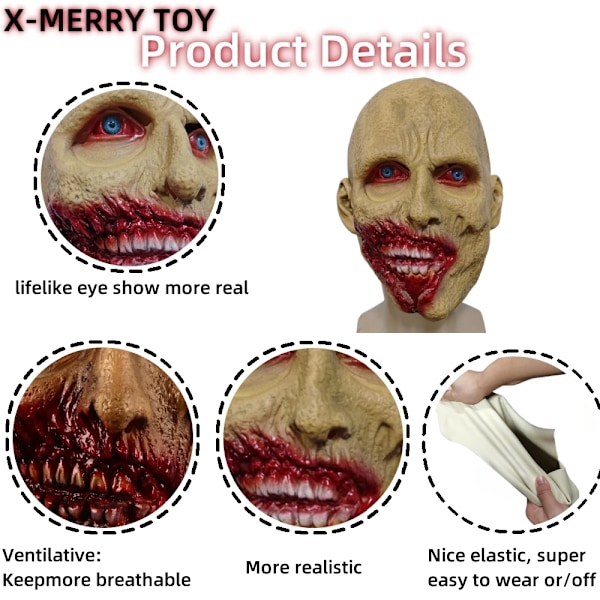 Läskig Blodig Sned Mun Latex Mask Halloween Kostym Zombie Monster Vampyr Mask Fest Hela Huvudet Spökhus Cosplay Pro x24127a