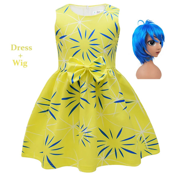 Disney Inside Out Glädje Avsky Cosplay Kostym Prinsessklänning+Peruk För Barn Flickor Halloween Karneval Födelsedag Lycka Klä Ut Joy Style D 130 (5-6T)