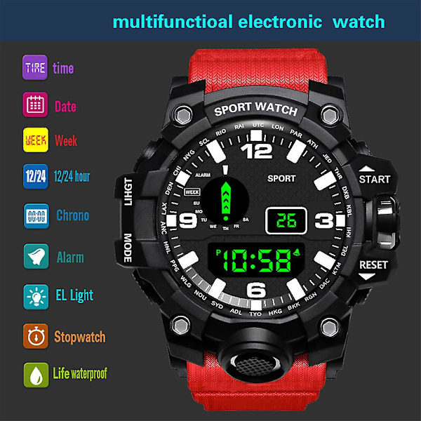 Vattentät watch El Light 12/24 timmars väckarklocka Watch Black