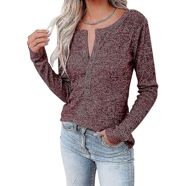 Kvinnors höst-/vintermode V-ringad print Långärmad Casual Lös T-shirt Plus Size Burgundy M
