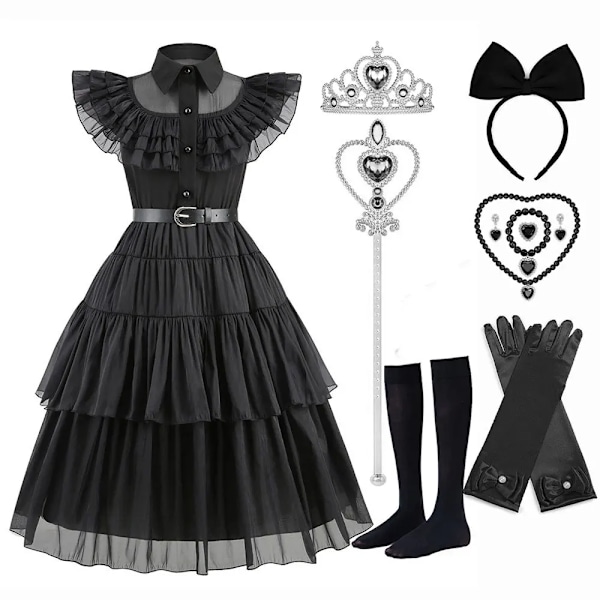 Flickor Wendsday Klänning Barn Halloween Svart Familjekläder Barn Dans Cosplay Kostym Prinsessa Jul Fantasy Dress 09 2T(100)