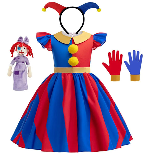 Pomni Cosplay Kostym Anime The Amazing Digital Circus Cartoon Uniform Hat Handskar Halloween Fest för Flickor Pojkar Barn Kostymer 7-8T(140) d3