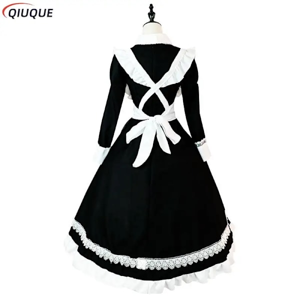 Kvinnlig piga outfit Lolita klänning söt Kawaii café kostym svart vit herr uniform lång förkläde klänning Mucama cosplay kostym M Full Set