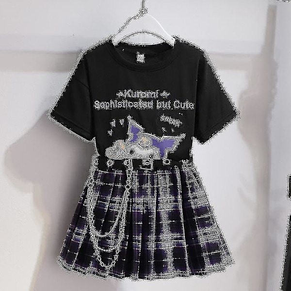 Sanrios Cartoon Kawaii Flickor Vit T-shirt Kostym Kuromi Söt Sommar Kortärmad College Jk Uniform Kjol Barn Fashionabla Kjol Kuromi4 130cm