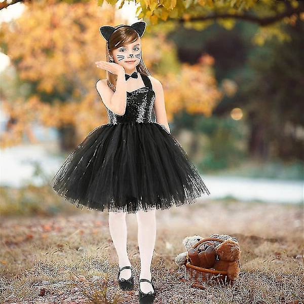 Klänning Barn Flicka Svart kattklänning Cosplay Fest Karneval Kostym med hårtillbehör, svans Flera storlekar tillgängliga 100 110CM