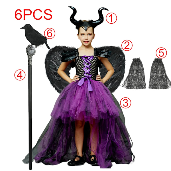 Disney Maleficent Kostym Deluxe Flickor Halloween Karneval Fest Lila Släpande Mesh Klänning Barn Cosplay Demon Drottning Häxa Kläder Dress Set 05 XL(8-9T)