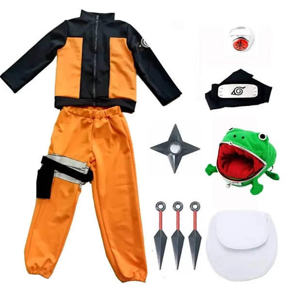Toppkvalitet Barn Kakashi Cosplay Uzumaki Akatsuki Kappa Shippuden Uniform Ring Pannband Kunai Halloween Kostym XL (kids 140) set 2