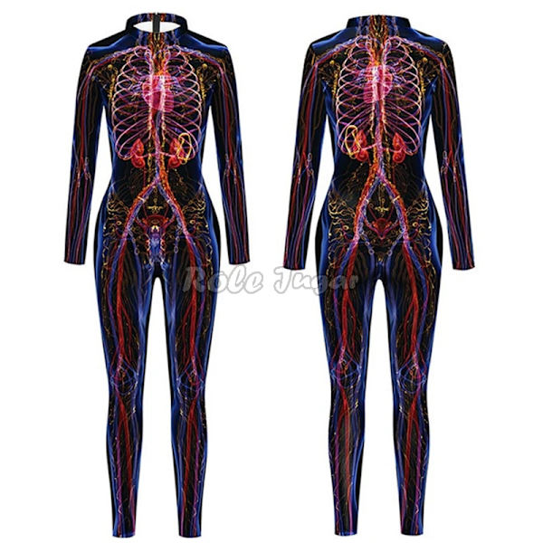 Robot Punk Jumpsuit Sexig Dam Cosplay Kostymer Fancy Halloween Fest Färgglad Utskrift Skelett Bodysuit För Män M 18