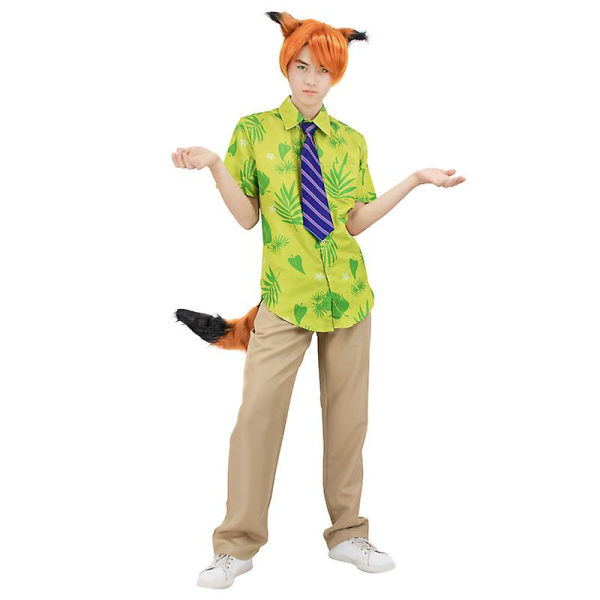 Dazcos Fox Nick Wilde Cosplay skjorta med slips män Halloween gröna löv printed sommar casual t-shirt och slips XS